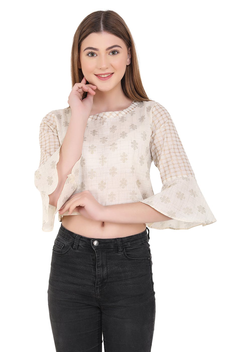 Get Floral Printed Bell Sleeves Crop Top at ₹ 389 LBB Shop