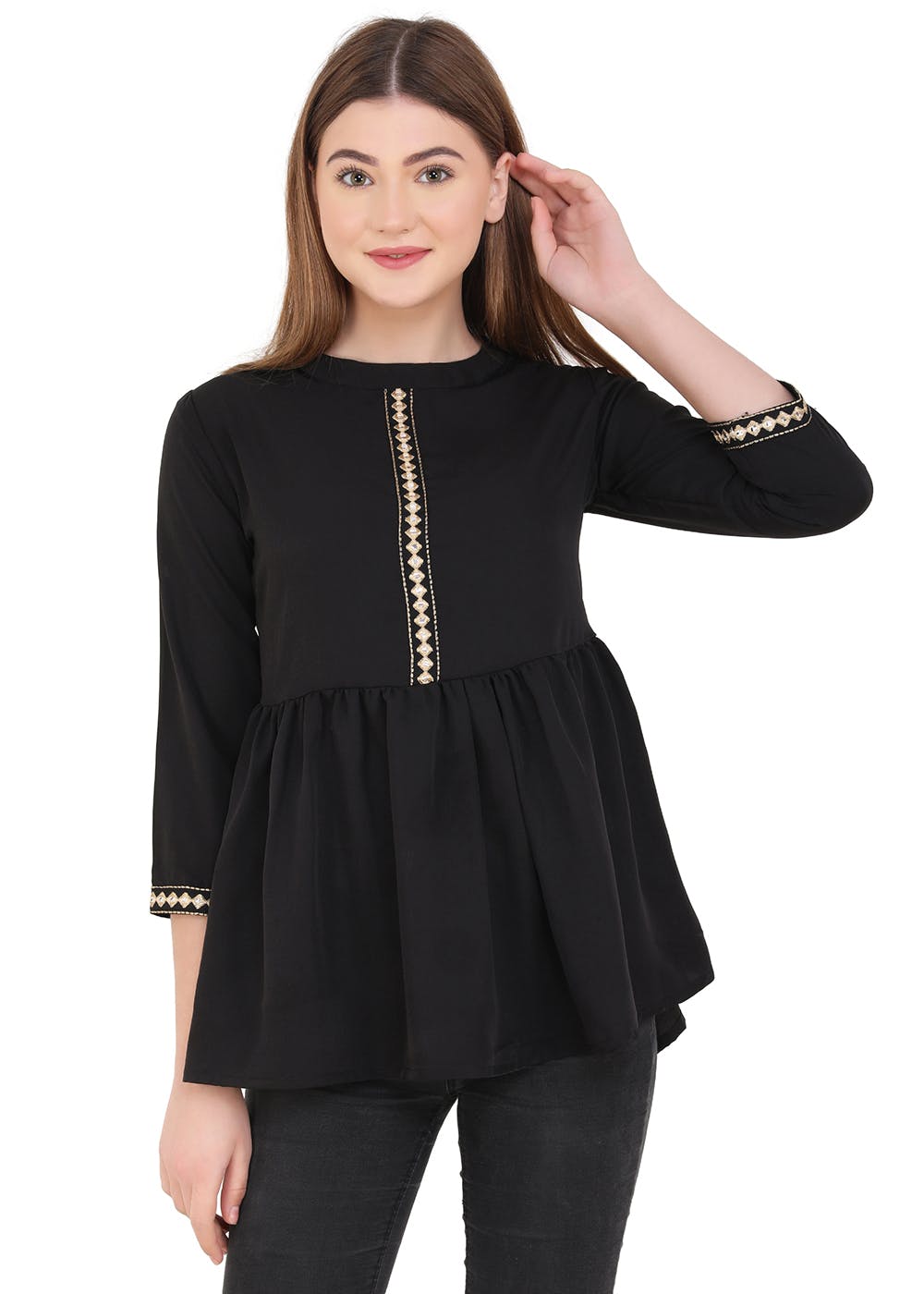 Contrast Embroidery Patch Detail Black Peplum Top