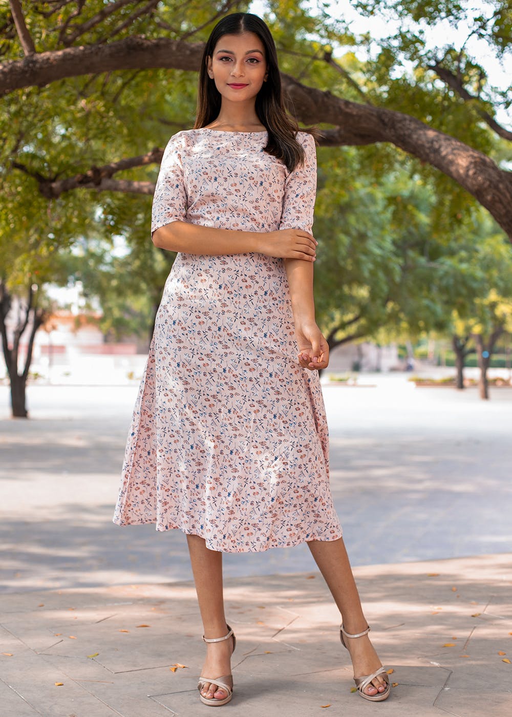Get Floral Printed Peach Boat Neck Maxi Dress at ₹ 1500 | LBB Shop