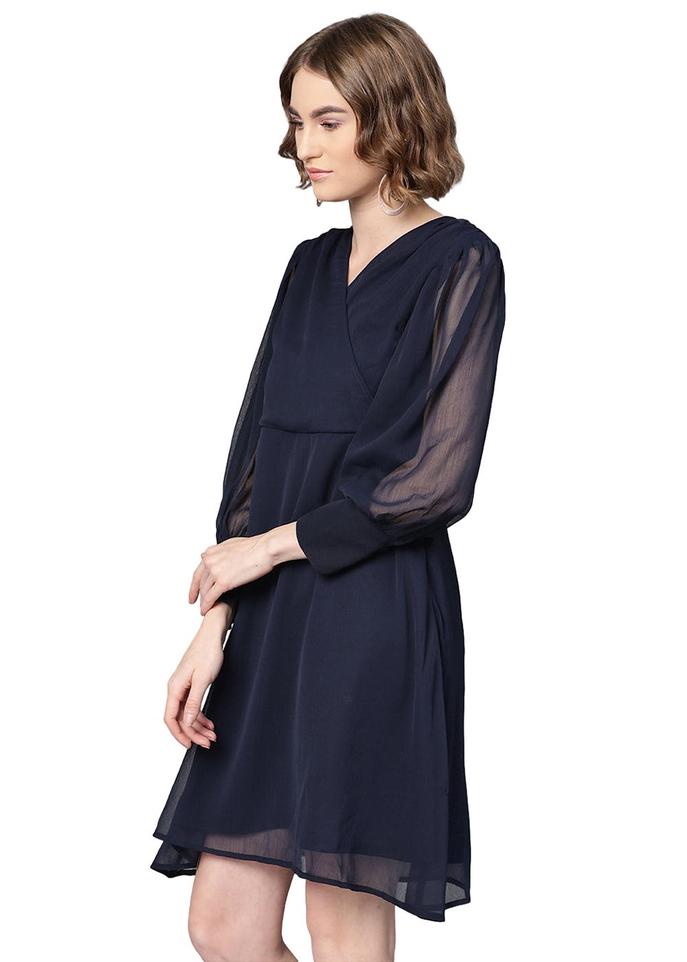 Get Cuffed Sleeve Detail Navy Wrap Neck Flared Dress at ₹ 900 | LBB Shop