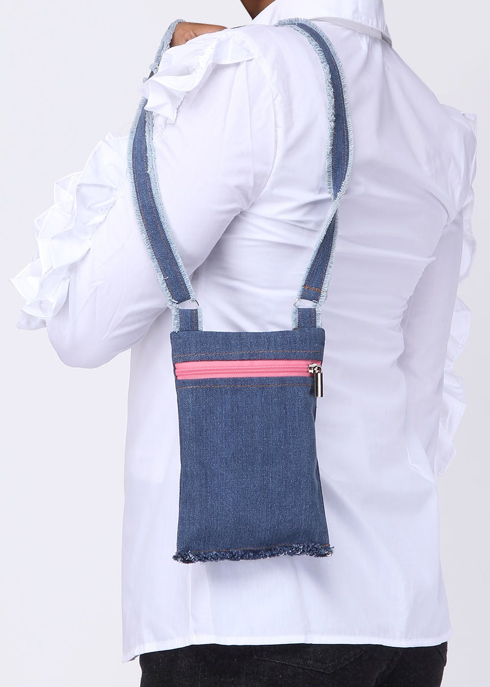 Contrast Front Zip Detail Denim Cross-Body - Pink