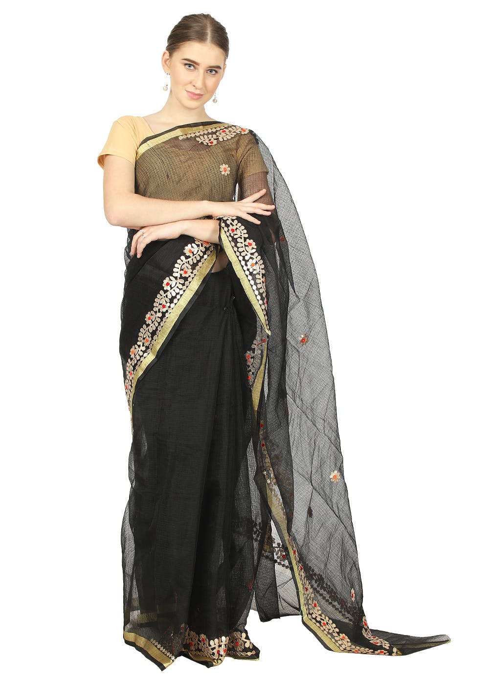 Floral Gota Patti Detail Solid Kota Doria Saree - Black