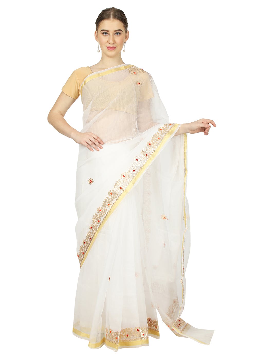 Floral Gota Patti Detail Solid Kota Doria Saree - White