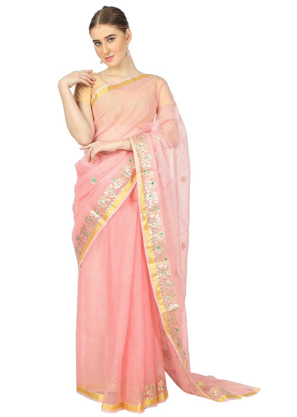 Floral Gota Patti Detail Solid Kota Doria Saree - Peach