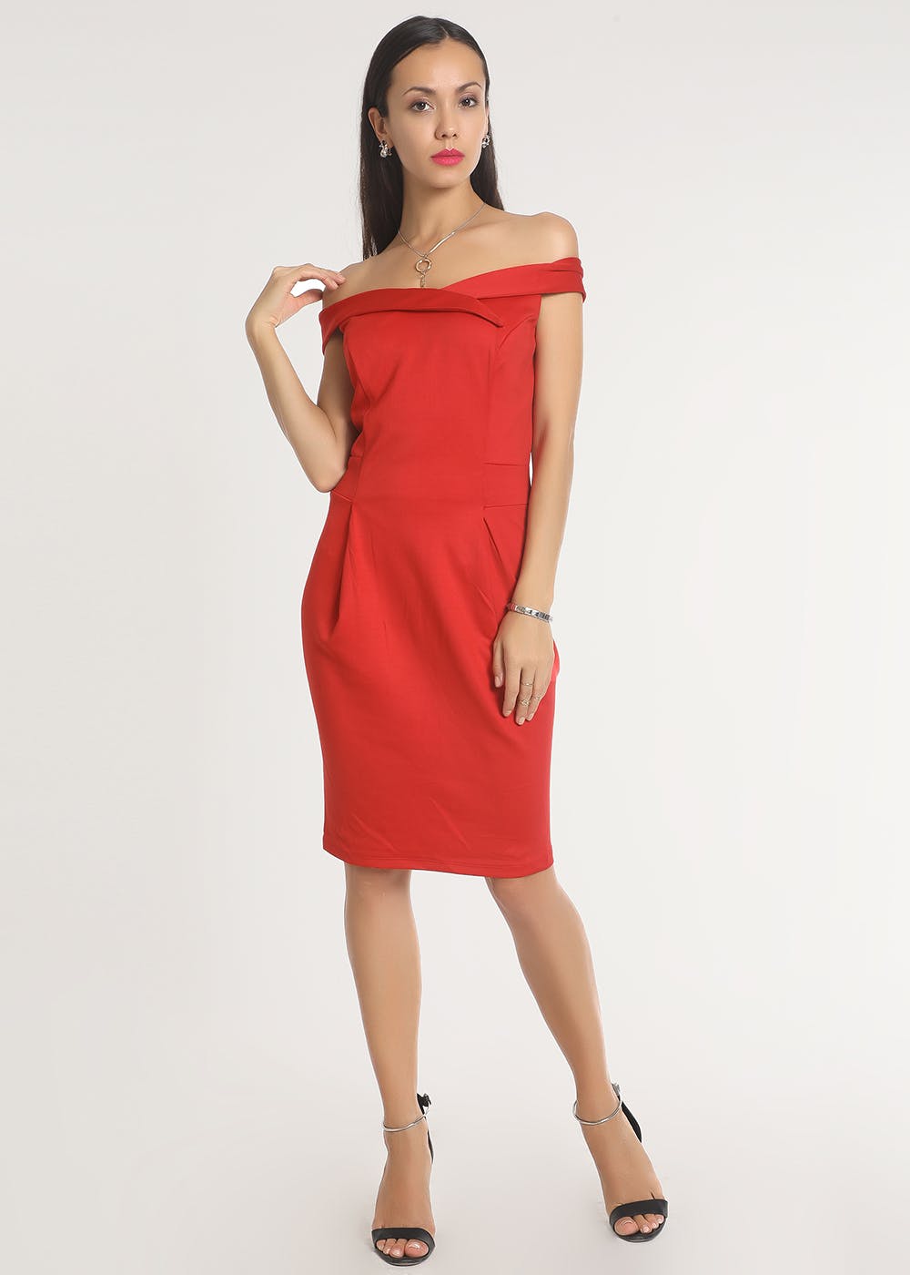 Red Off Shoulder Pleated Dress