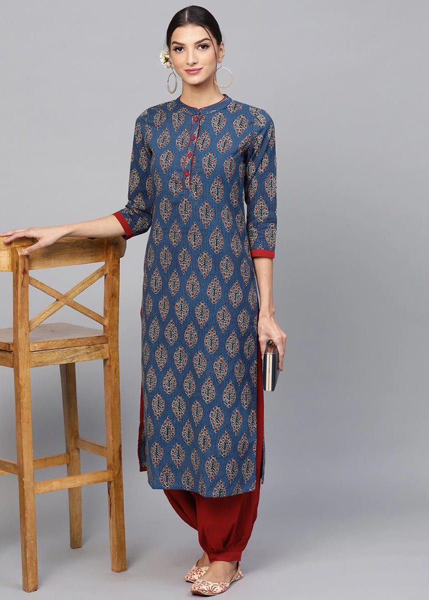 Get Blue Kantha Work Printed Straight Kurta at ₹ 909 | LBB Shop