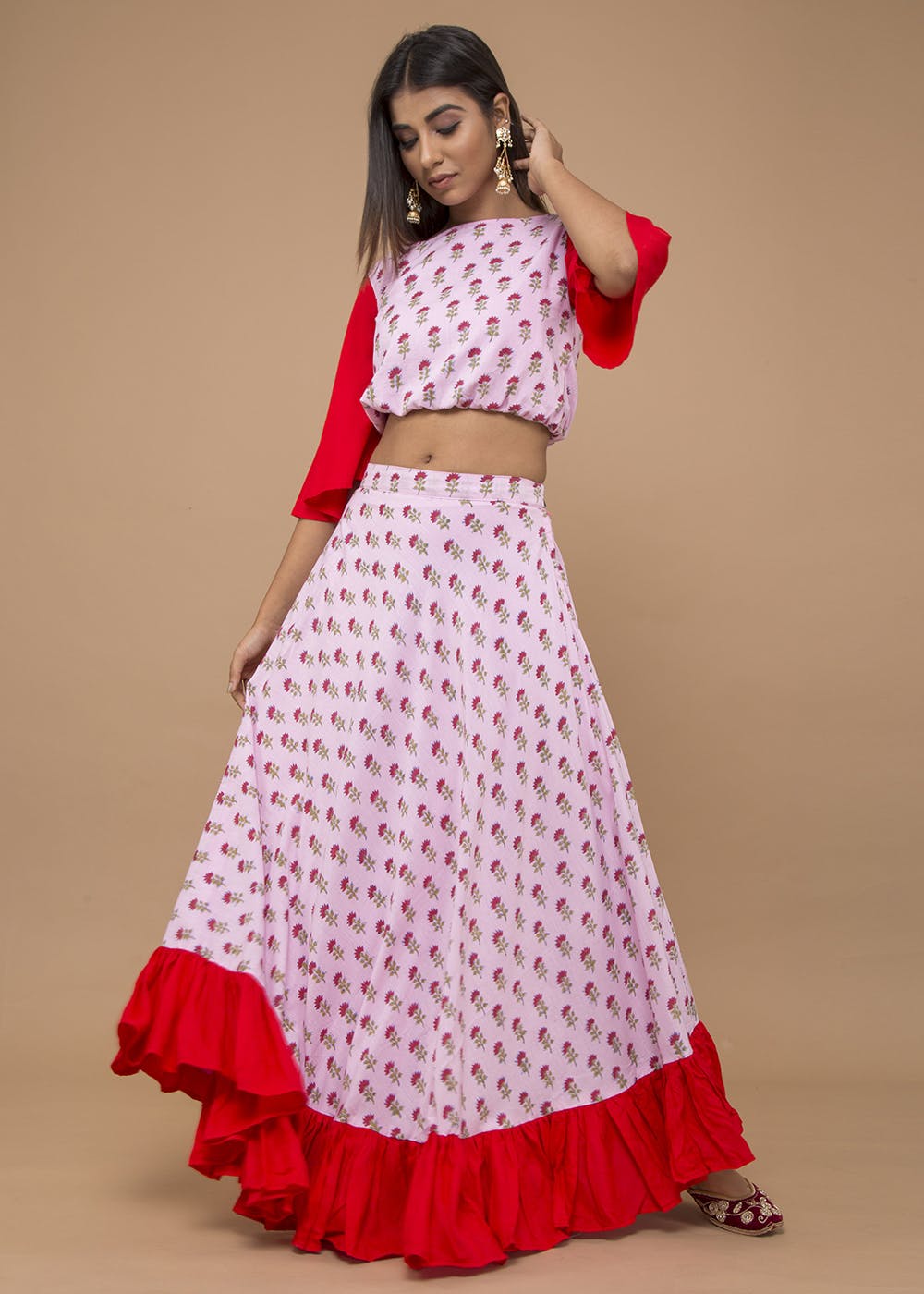 One Shoulder Ethnic Motif Printed Flared Lehenga Choli Set