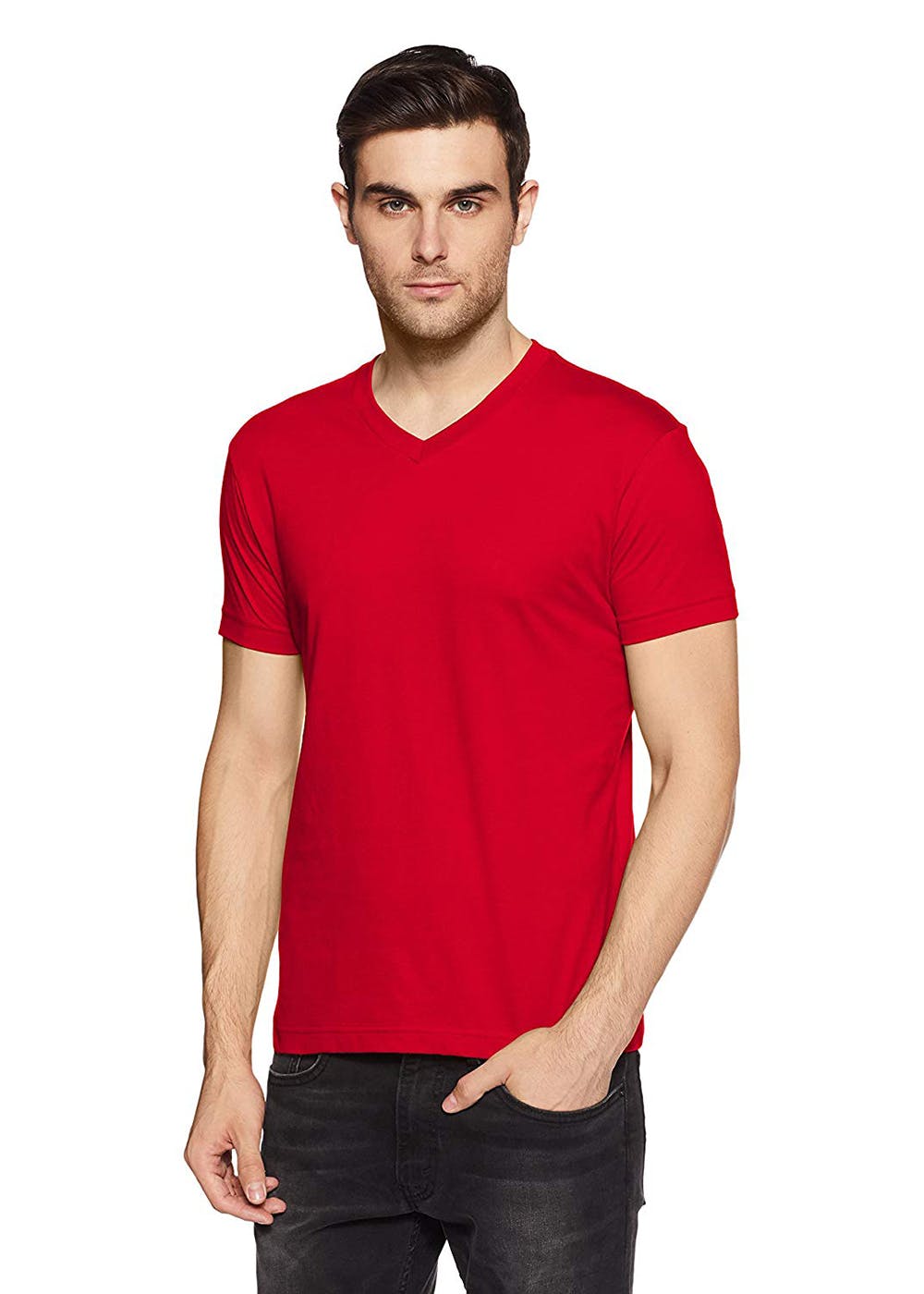 Get Solid Short Sleeve V-Neck Fitted T-Shirt at ₹ 349 | LBB Shop