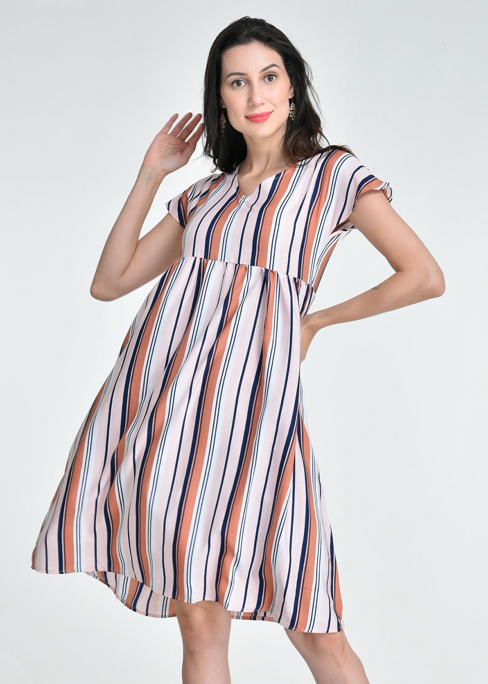 Flutter Sleeves Empire Line Striped Dress