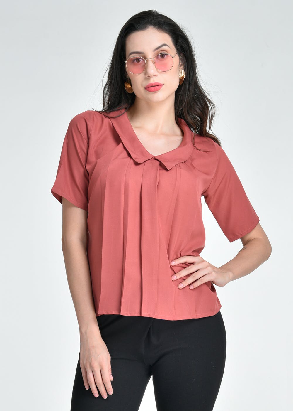 Peter Pan Collar Pleated Coral Top