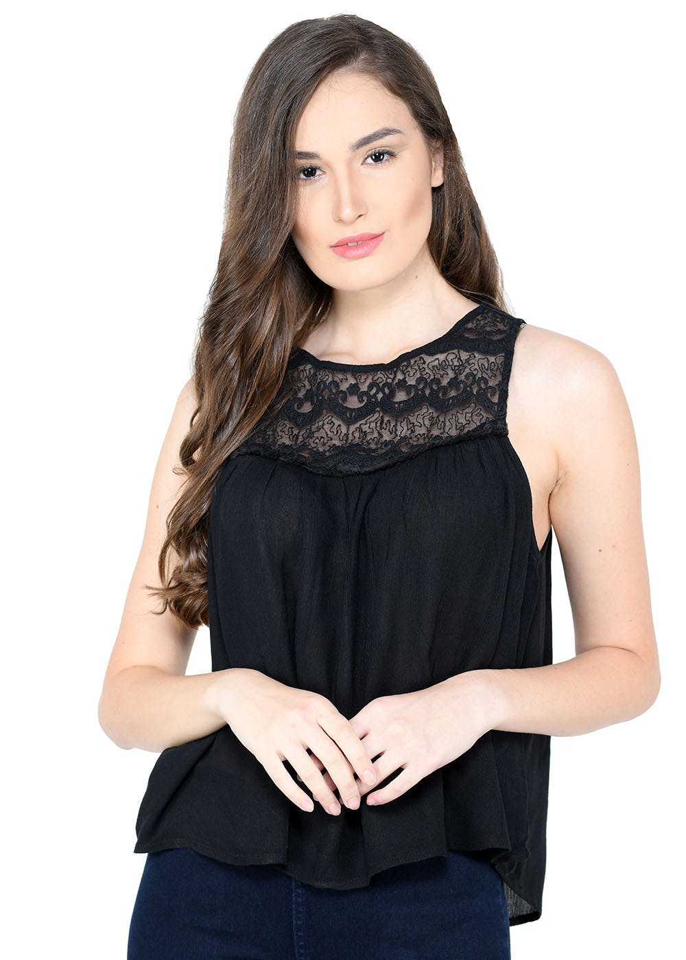 Get Lace Embellished Neckline Cropped A-Line Top at ₹ 1099 | LBB Shop