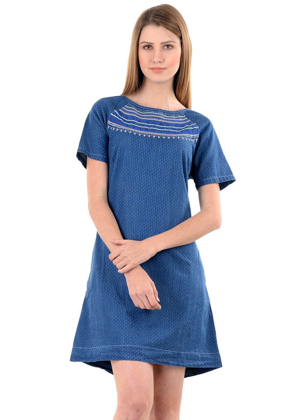 Embroidered Neckline Detail Denim Dress