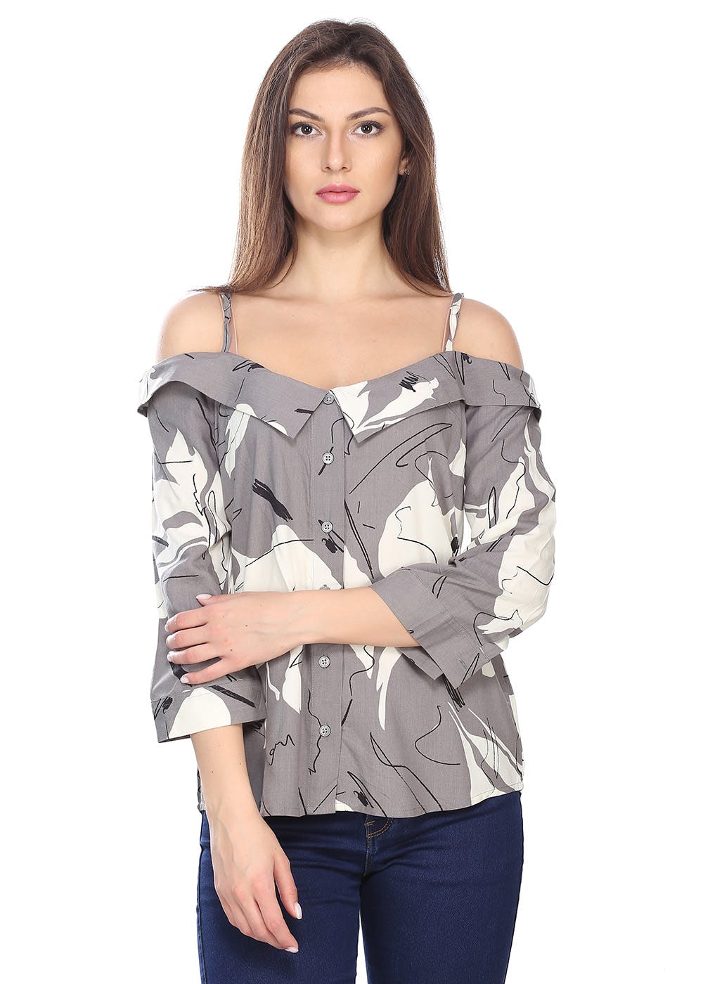 Get Off Shoulder Detail Grey Abstract Printed Strappy Top at ₹ 1199 ...