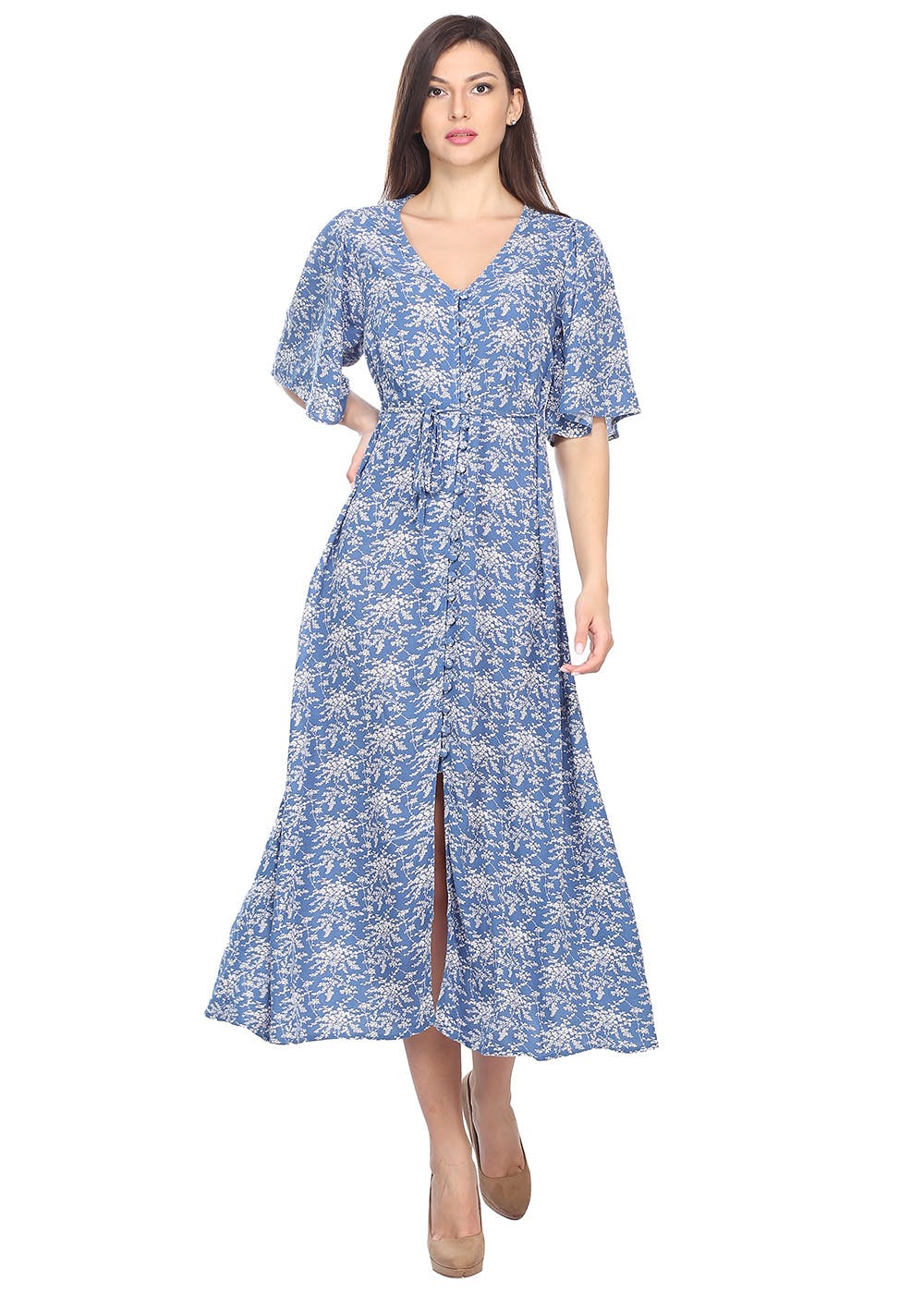 Get White & Blue Floral Printed Midi Dress at ₹ 1299 | LBB Shop