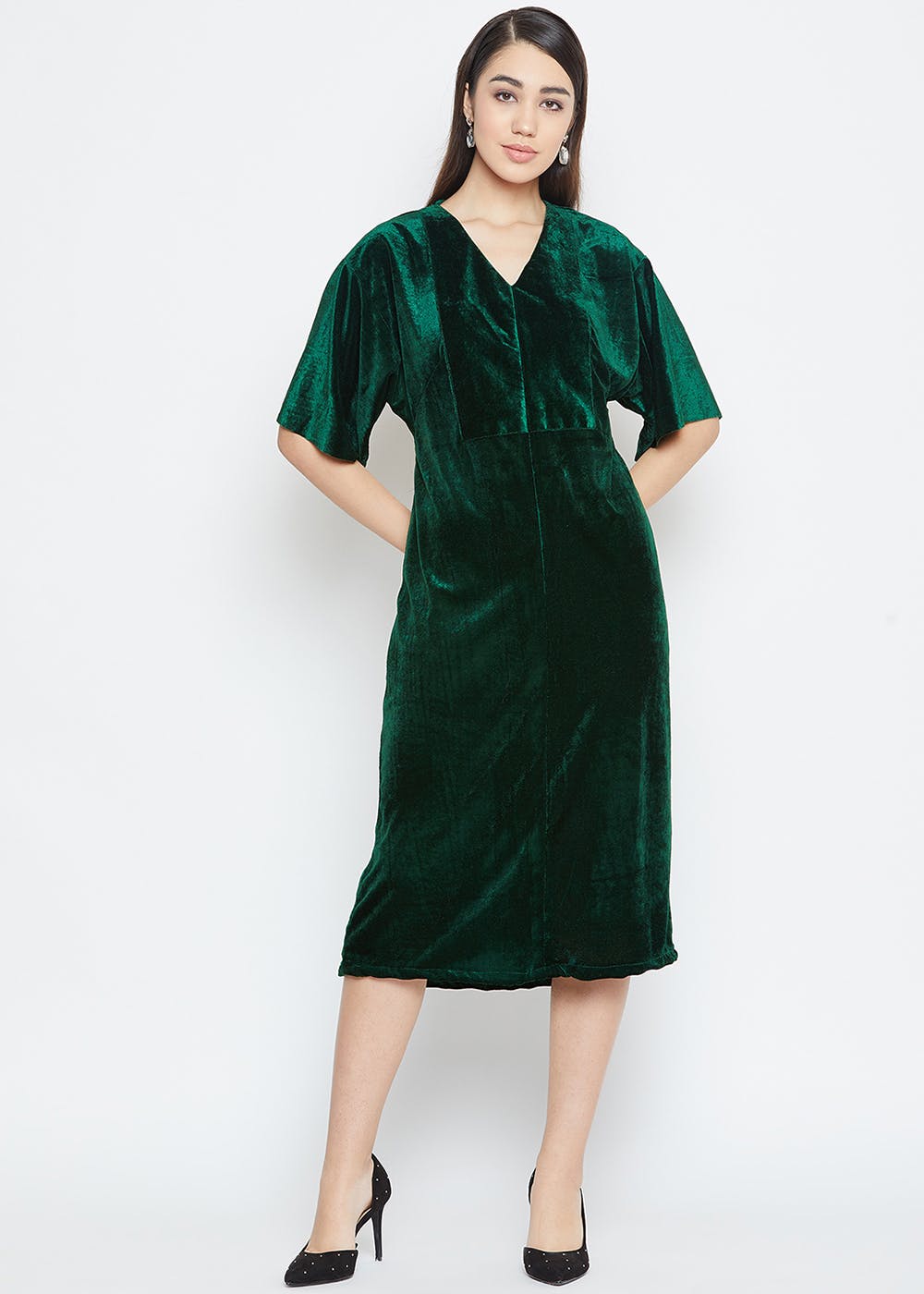 Solid Flared Sleeves Velvet A-Line Dress - Dark Green