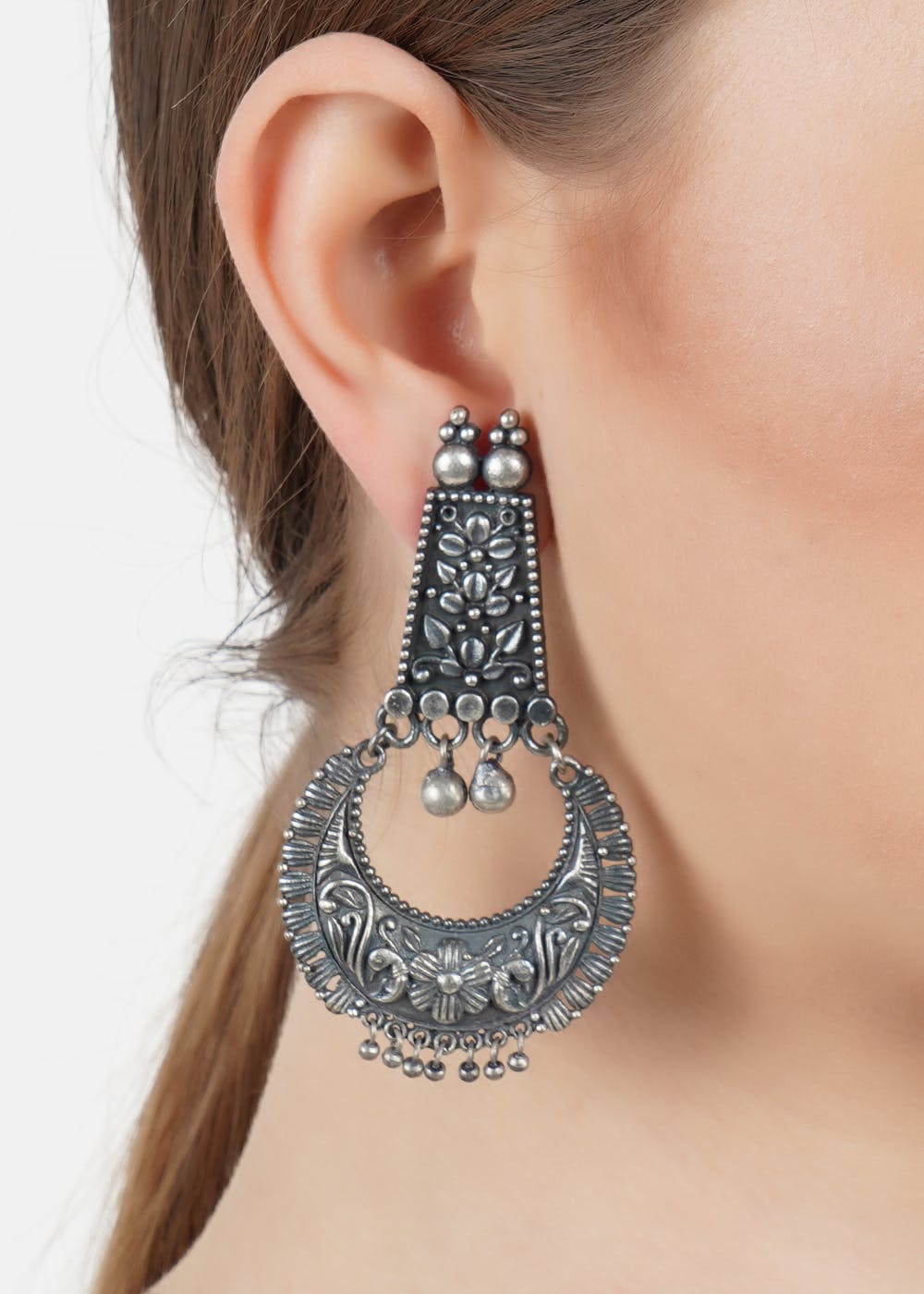 Floral Engraved Oxidized Silver Drop Earrings