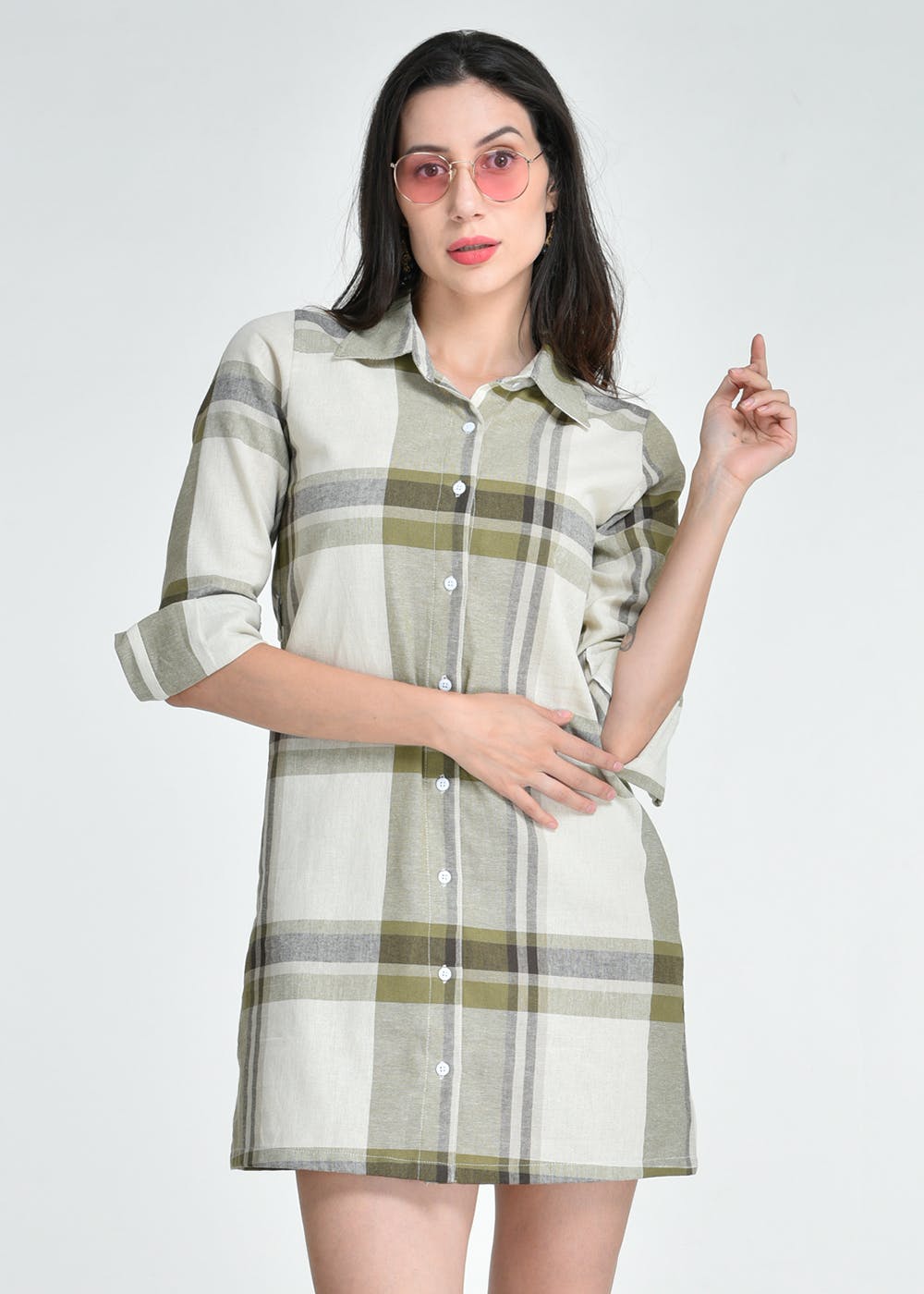 Two-Tone Checkered Shirt Dress