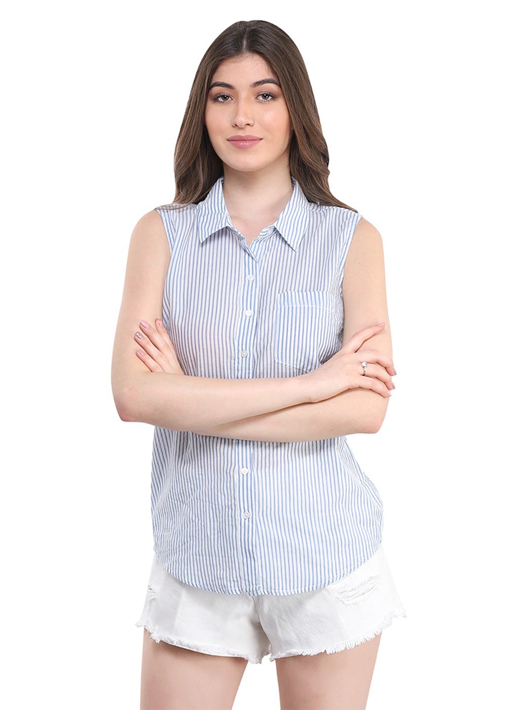Curved Hem Detail Blue & White Striped Sleeveless Shirt