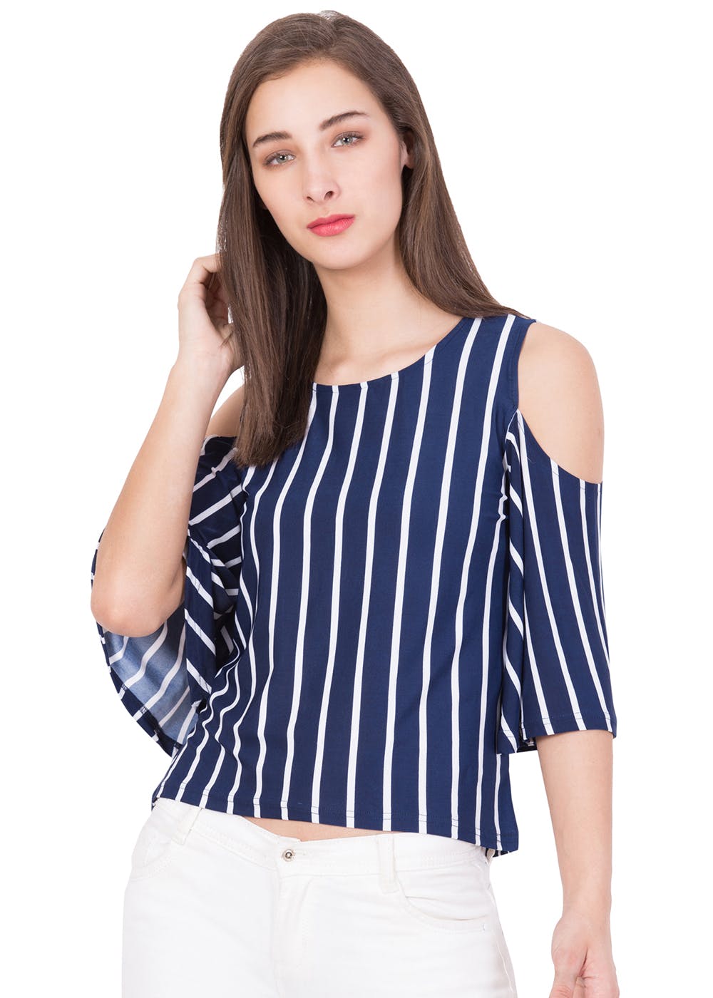 black and white striped cold shoulder top