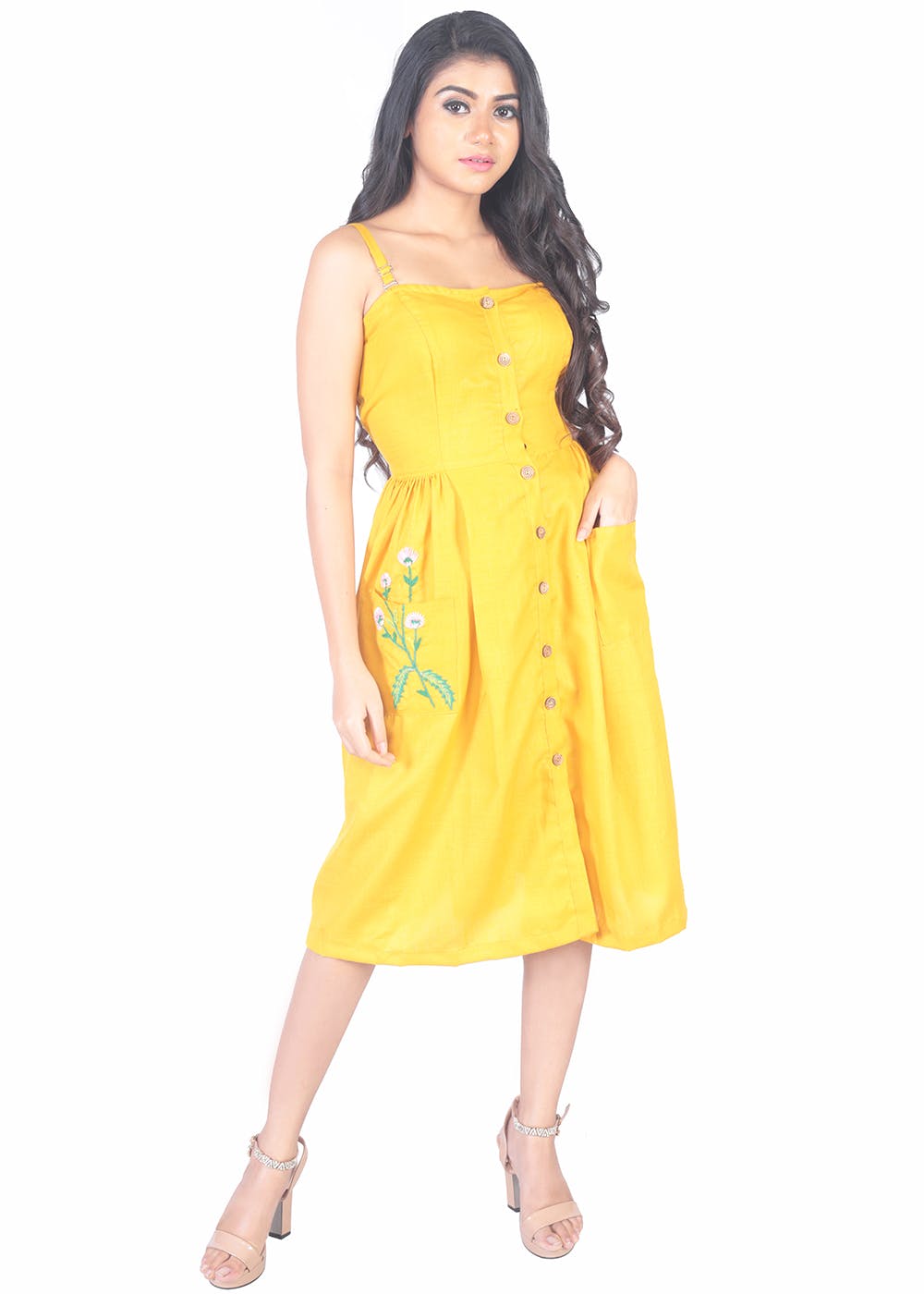 Get Floral Embroidered Patch Detail Mustard Pleated Dress at ₹ 1499