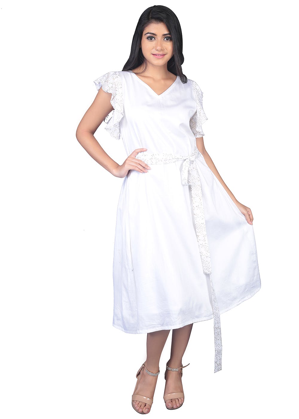 Ruffled Sleeve Detail White A-Line Dress With Belt