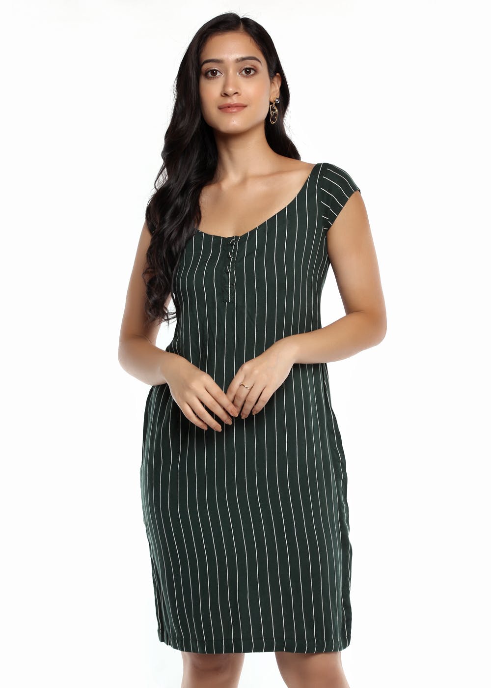 Scoop Neck Detail Green Striped Bodycon Dress