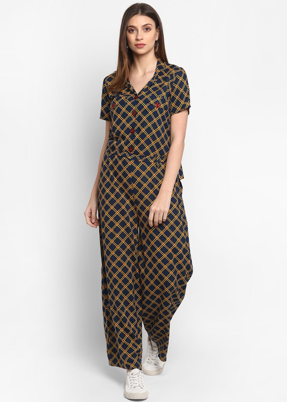 Contrast Checkered Navy Rayon Jumpsuit