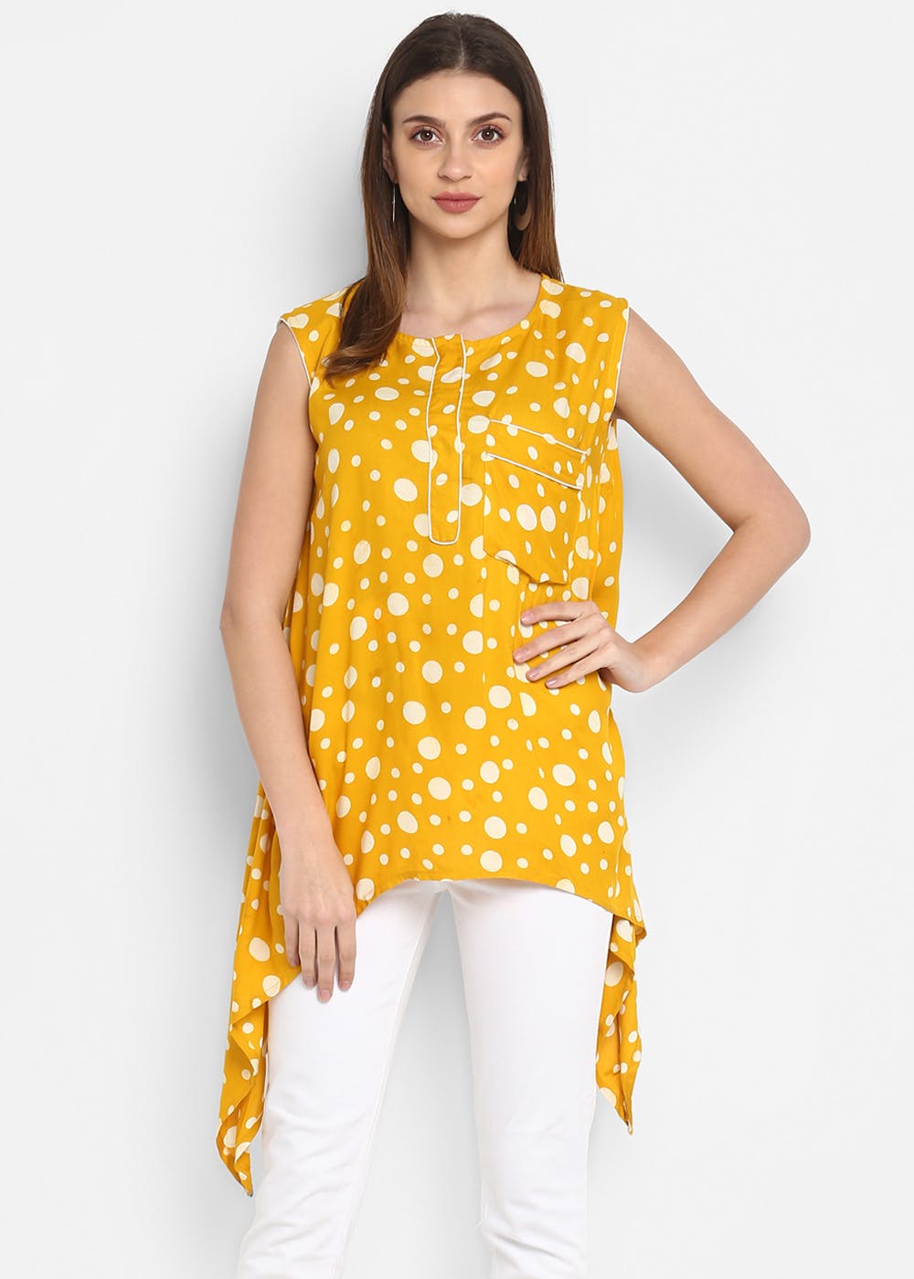 Drop Hem Detail Yellow Big Polka Dots Printed Sleeveless Top