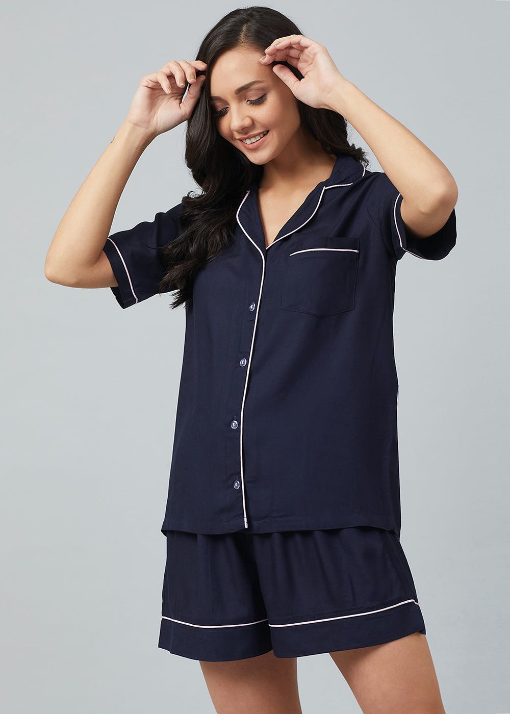 Get Contrast Piping Detail Navy Nightsuit Shorts Set at ₹ 1539 | LBB Shop