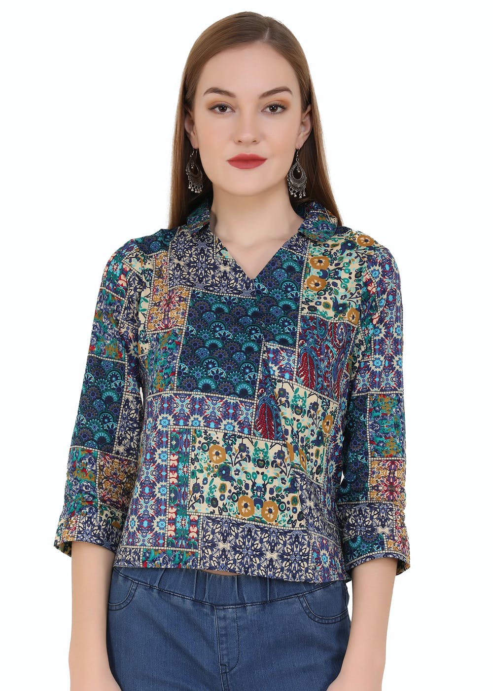 Get Mandarin Collar Detail Multi Printed Navy Top at ₹ 349 | LBB Shop