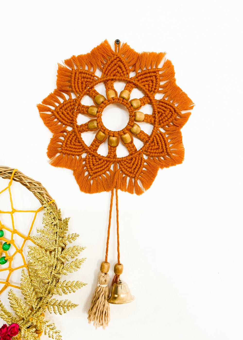 Mustard Mandala with Hanging Bell, Handmade Lotus Flower Tapestry 