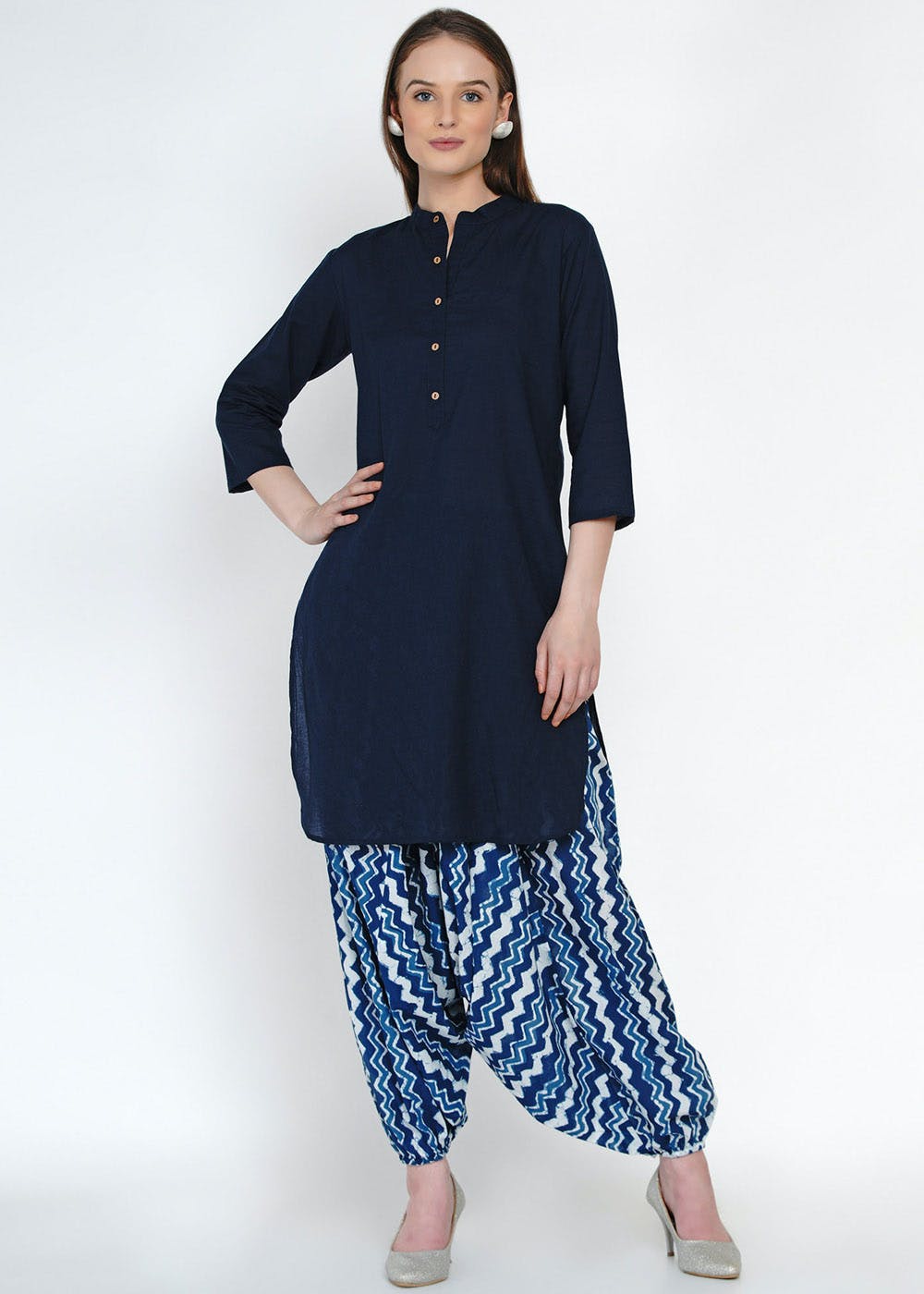 Women Liva (Rayon) Blue Stripe Print Kurta With Harem Pant main image 1