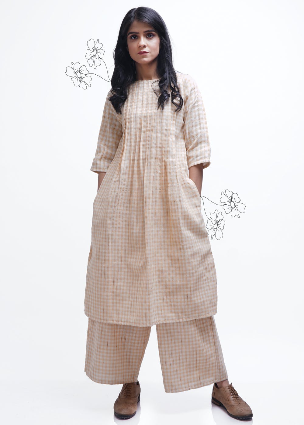 Women Orange Pleated Kurta with Palazzos & With Dupatta