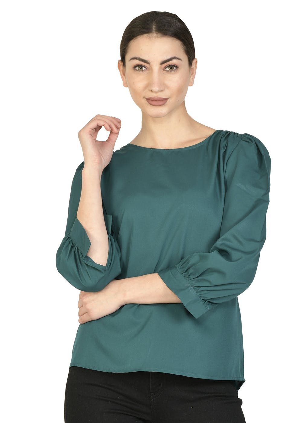 Get Solid Green Cuffed Sleeves Premium Top at ₹ 700 LBB Shop