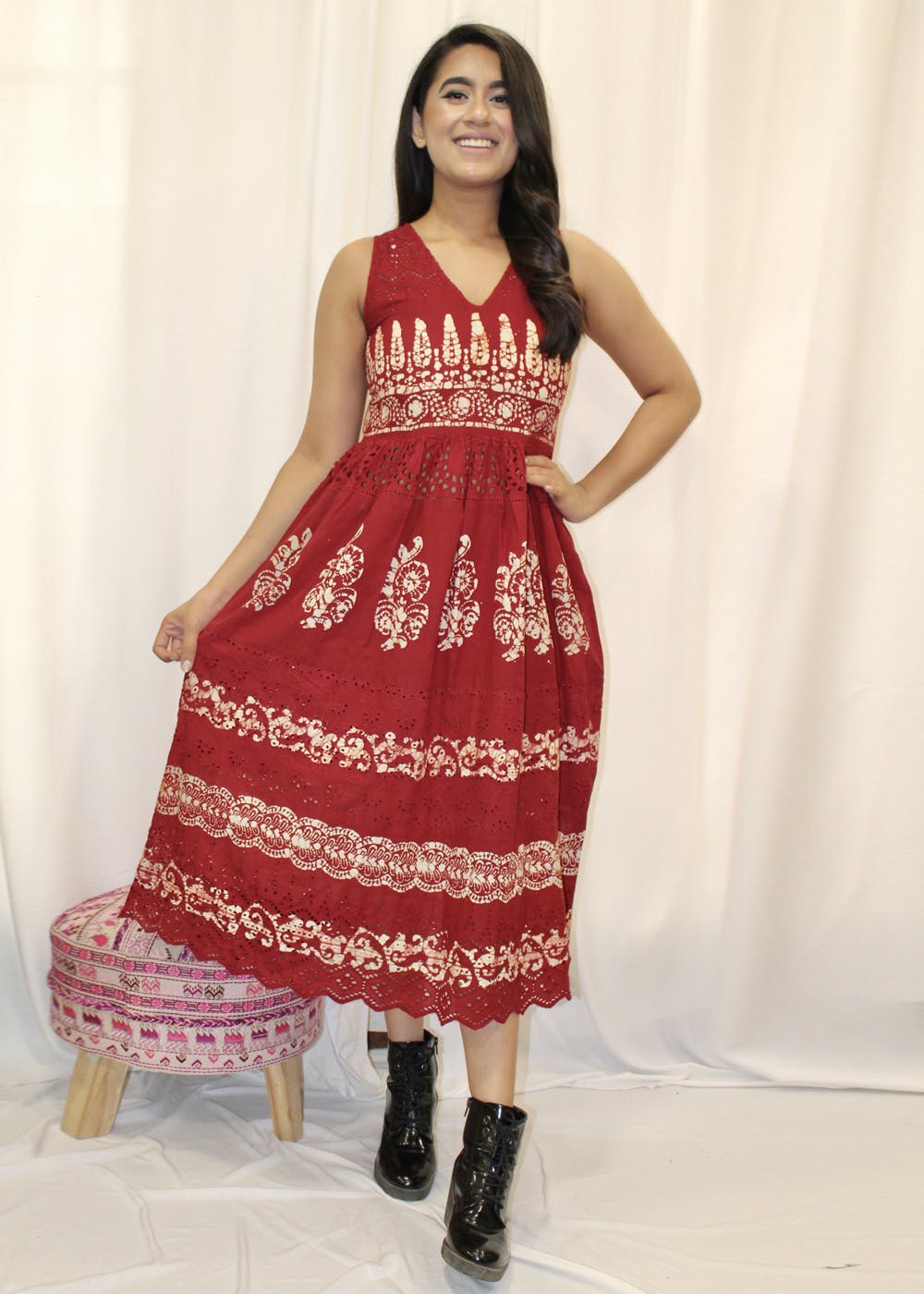 Batik Printed Midi Dress With Pockets - Red