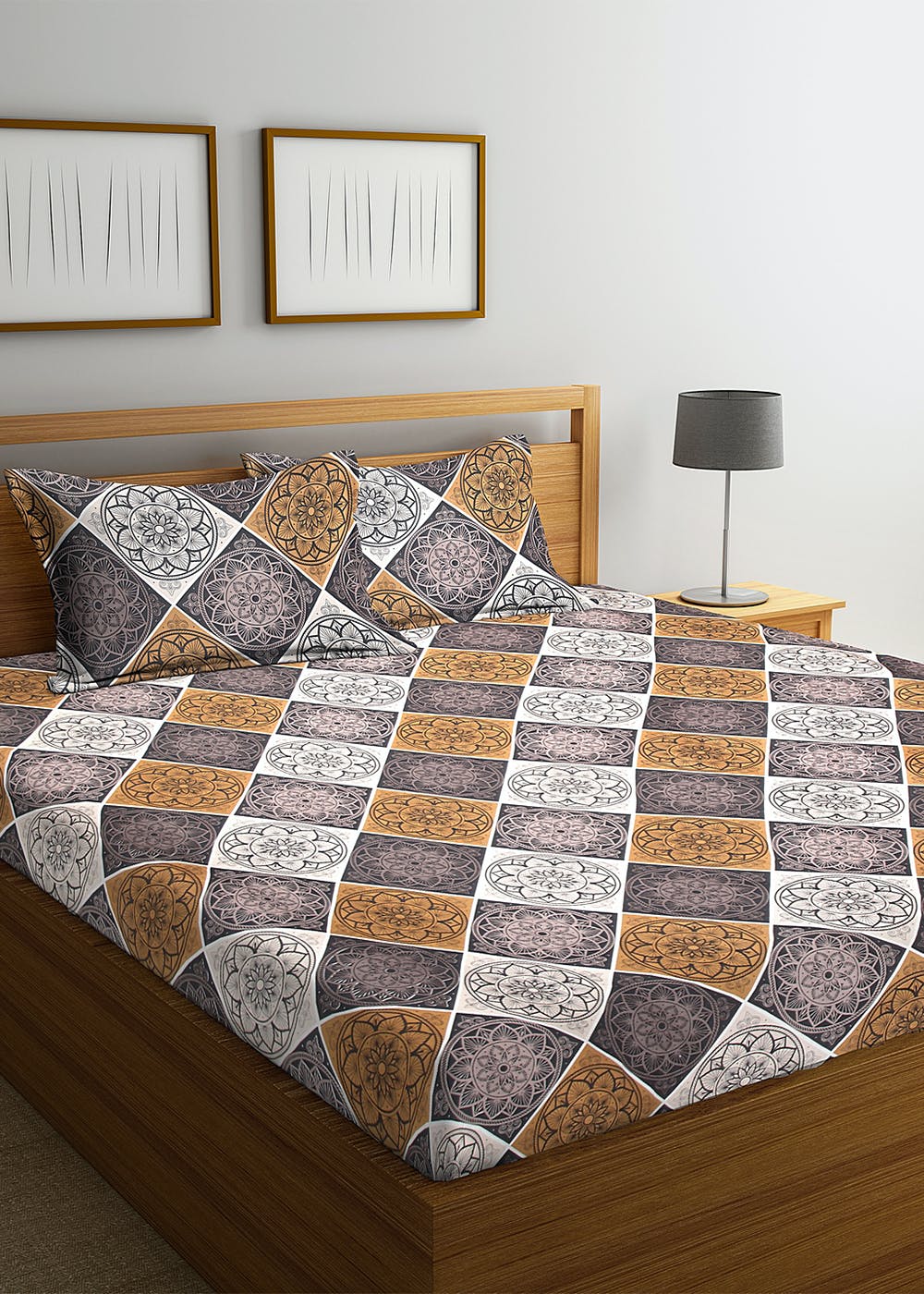 Get White & Brown Geometric 210 TC Cotton 1 King Bedsheet with 2 Pillow