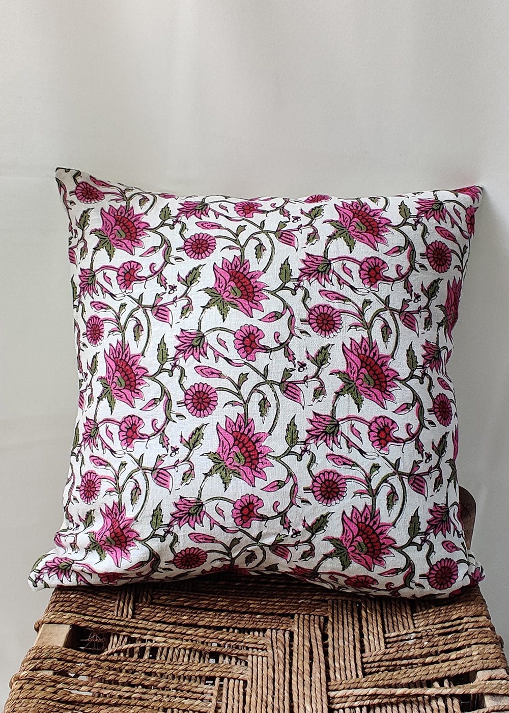 Magenta Floral Jaal Printed Linen Cushion Cover