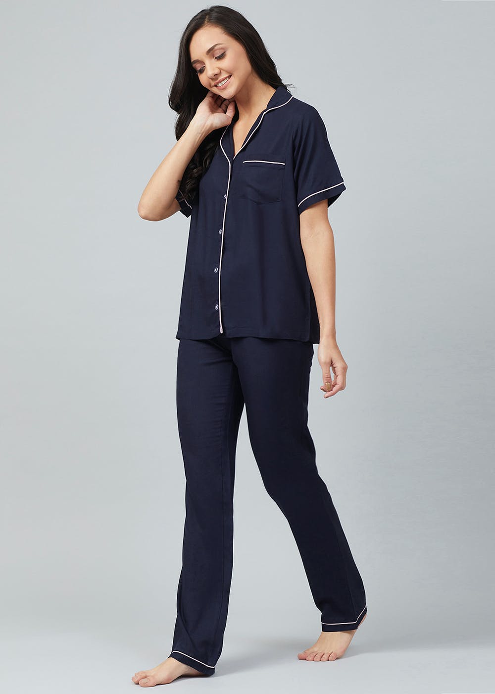 Contrast Piping Detail Navy Nightsuit Set