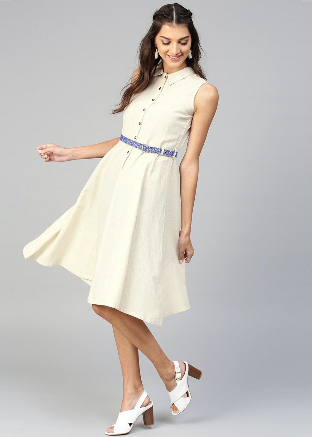 Off White Midi Dress with Belt