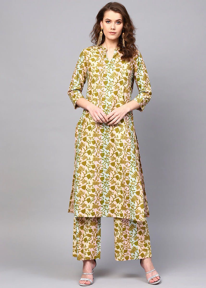 Get Gold Floral Print Straight Kurta With Palazzos Set at ₹ 1558 | LBB Shop