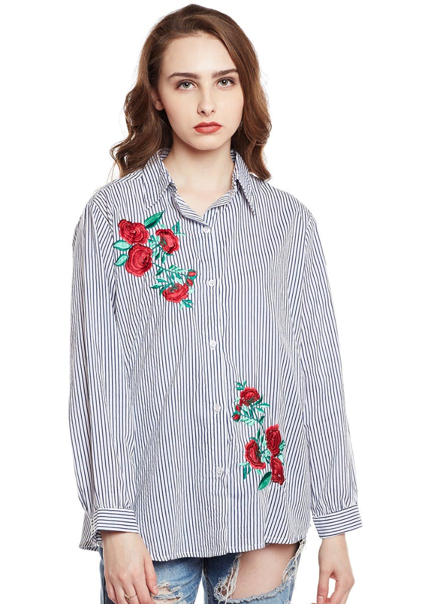 Get Red Rose Embroidered Striped Shirt at ₹ 999 | LBB Shop