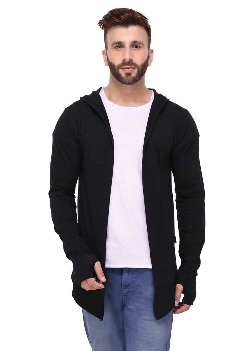 Get Solid Thumbhole Long Sleeve Hooded Men's Shrug at ₹ 447 LBB