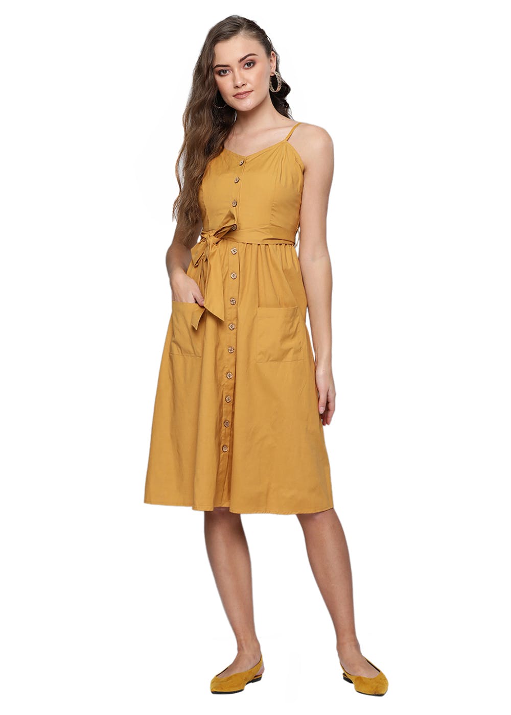 Get Mustard Waist Tie Up Button Down Midi Dress at ₹ 1189 LBB Shop
