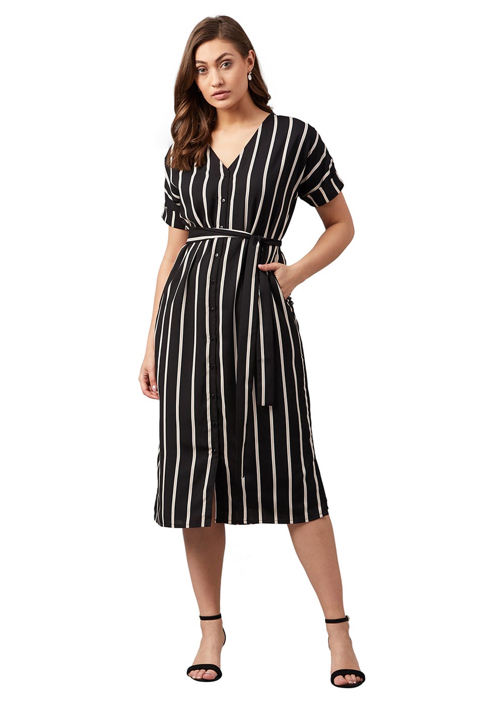 Get V-Neck Vertical Striped Waist Tie Up Midi Dress at ₹ 1424 | LBB Shop