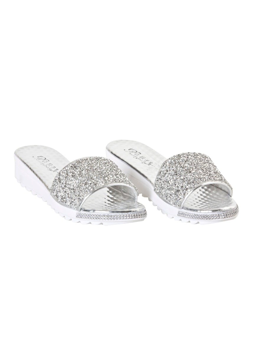 sparkly silver slides