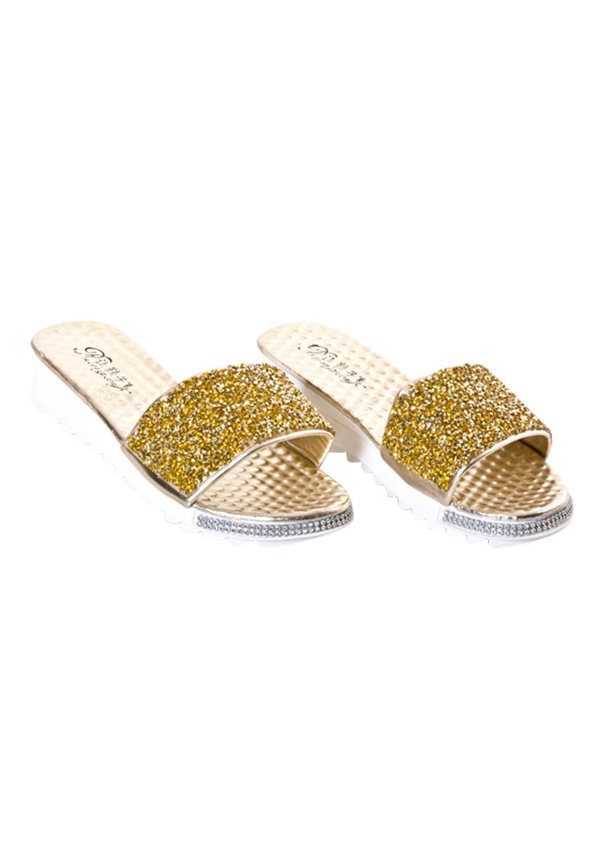 Sparkle Strap Crystal Embellished Slides - Golden