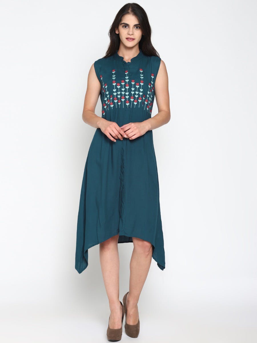 Floral Embroidered Teal Asymmetric Dress