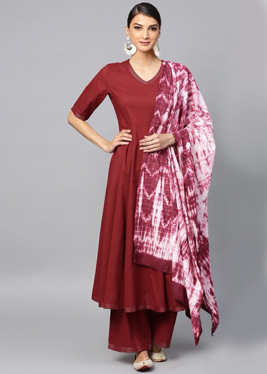 Solid V-Neck Anarkali Kurta And Palazzo With Tie Dye Dupatta Set
