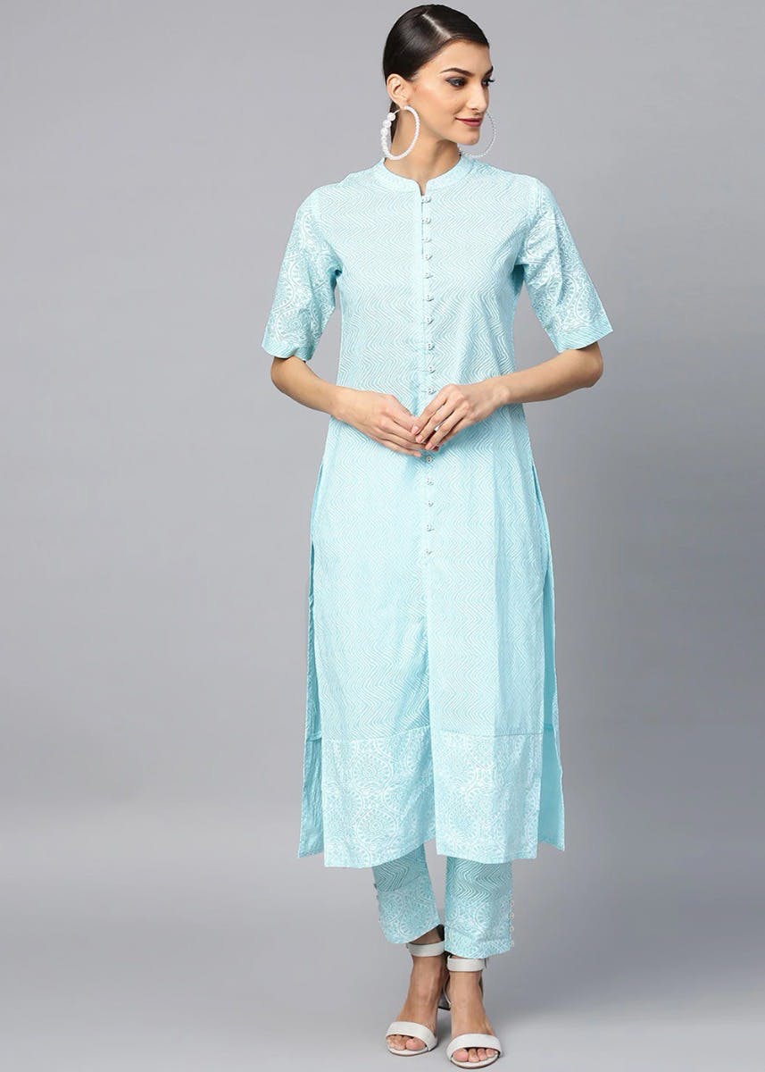 Get KharI Print Blue Mandarin Collar Kurta With Pant Set at ₹ 1539