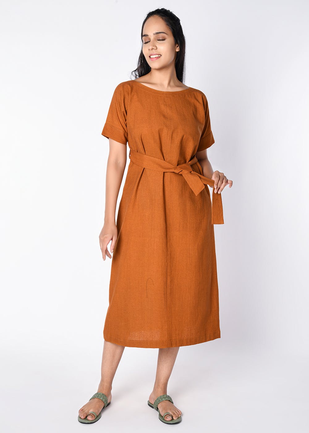 Cotton Khadi Solid Midi Dress - Orange